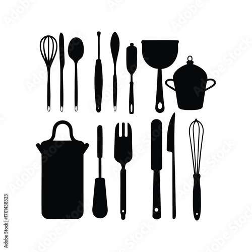 Elegant Collection of Kitchen Utensil Silhouettes for Culinary Projects and Designs, baking utensils silhouette vector illustration