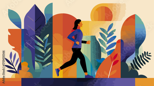 Person running in colorful botanical illustration