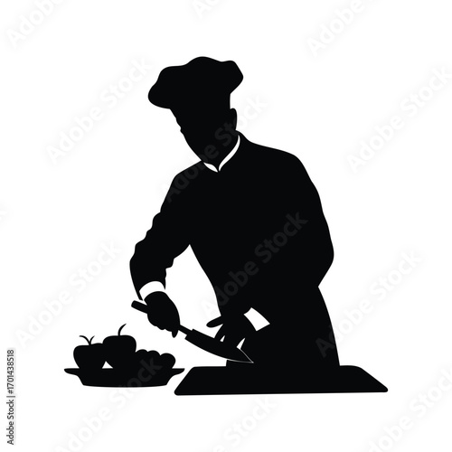Silhouette of a Chef Preparing Fruit with a Knife on a Countertop, chef chopping vegetables silhouette vector illustration