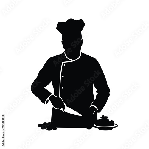 Silhouette of a chef professionally preparing food with knife and precision, chef chopping vegetables silhouette vector illustration