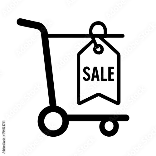 Vector Icon of a Shopping Hand Truck with a Sale Tag. A Symbol for Bulk Discounts, Wholesale Deals, and Retail Promotions.