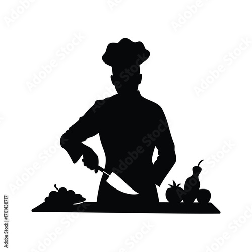Silhouette of a chef preparing ingredients for a gourmet meal in the kitchen, chef chopping vegetablessilhouette vector illustration