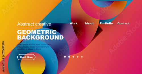 Colorful abstract design. Geometric shapes overlap, creating dynamic visual experience. Text promotes work, portfolio, contact options.