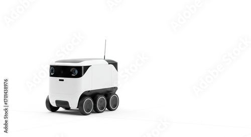 White and black delivery robot with six wheels on a white background
