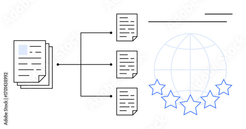 Stack of documents branching into separate files, connecting to a globe with stars symbolizing global quality. Ideal for workflow, process, efficiency, review, global standards, assessment, rating