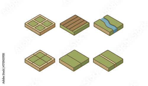 isometric icon items isolated on white background land division farm plots river border ed grid shared line boundary