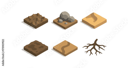 isometric icon items isolated on white background terrain boulder field sand dune muddy ground path line root