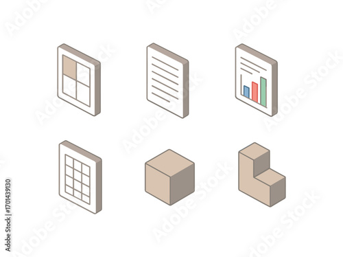 isometric icon items isolated on white background divided section document icon note lines chart page file grid part