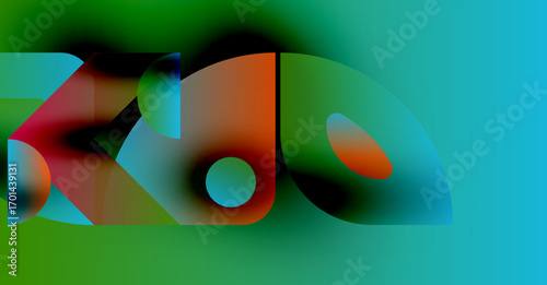 Abstract shapes blend, creating vibrant color gradients. Green, orange, blue dominate composition. Soft edges suggest movement, fluidity.