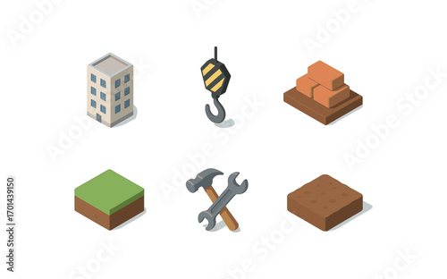 isometric icon items isolated on white background building site crane hook stacked bricks soil base tool icon ed ground