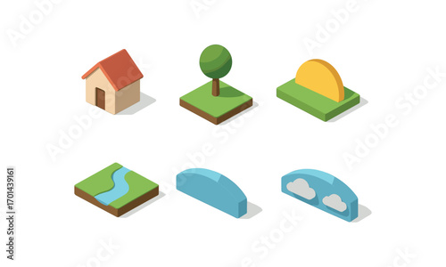 isometric icon items isolated on white background story setting house icon tree edge sun arc river sky band