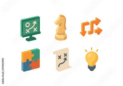 isometric icon items isolated on white background strategy chess piece arrow flow puzzle parts plan sheet idea spark