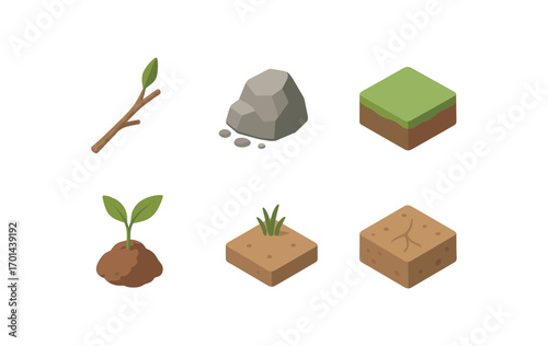 isometric icon items isolated on white background clear foreground branch tip rock base ground detail soil sprout root line