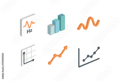 isometric icon items isolated on white background frequency chart bars wave path axis grid line climb measure dots