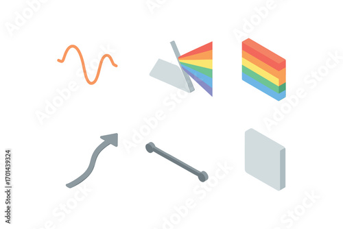 isometric icon items isolated on white background light wavelength prism beam color bands arrow path line span glow edge