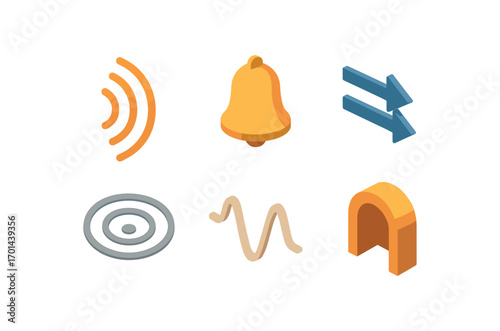 isometric icon items isolated on white background sound resonance bell shape echo arrows circle lines tone wave chamber