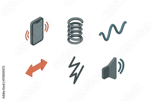 isometric icon items isolated on white background vibration spring coil wave path motion arrows shaking lines sound icon