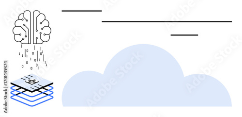AI brain transferring binary code to cloud layered computing flow. Ideal for technology, AI, cloud computing, machine learning, data transfer, innovation, future tech. Simple flat metaphor