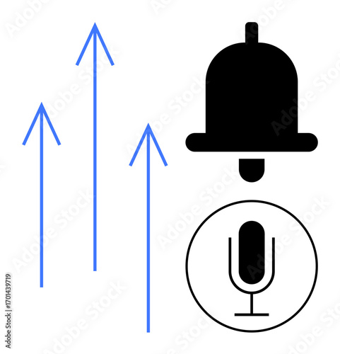 Notification bell beside three upward blue arrows and a microphone circle symbol. Ideal for communication, alerting, engagement, growth, podcasting, feedback, simple landing page