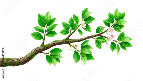 Tree branch with green leaves and blossoms
