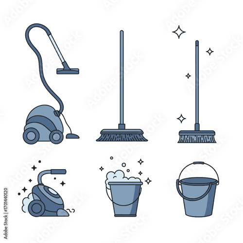 Cleaning Tools Collection: Vacuum, Mop, Bucket, and Sparkle
