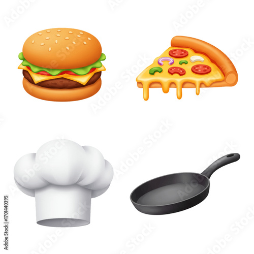 Delicious Burger, Pizza Slice, Chef Hat, and Frying Pan