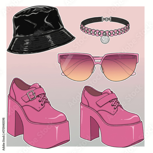 Fashionable Pink Platform Shoes and Accessories Collection
