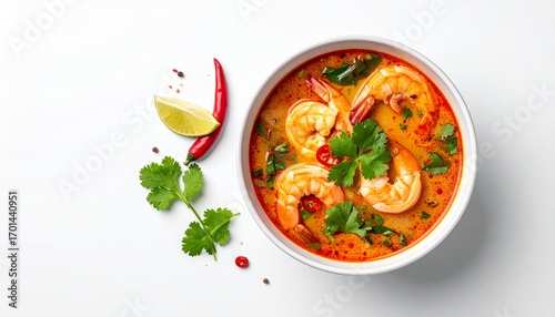 Spicy Thai Tom Yum Soup with Shrimp and Herbs.