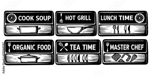 A high-resolution, realistic image of a set of modern food and cooking-themed labels or stickers. Each label includes text such as 'Cook Soup', 'Hot Grill', 'Lunch Time', 'Organic Food', 'Tea Time', '
