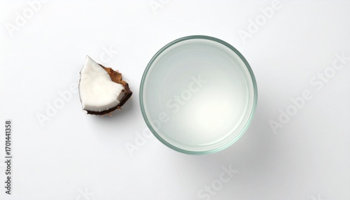 Top View of Refreshing Coconut Water and a Coconut Piece.