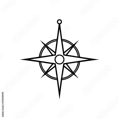 Simple black compass rose outline on transparent background