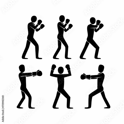 Boxer silhouettes in action: Dynamic, black and white boxer silhouettes in various stances, representing strength, agility, and the essence of the sport.