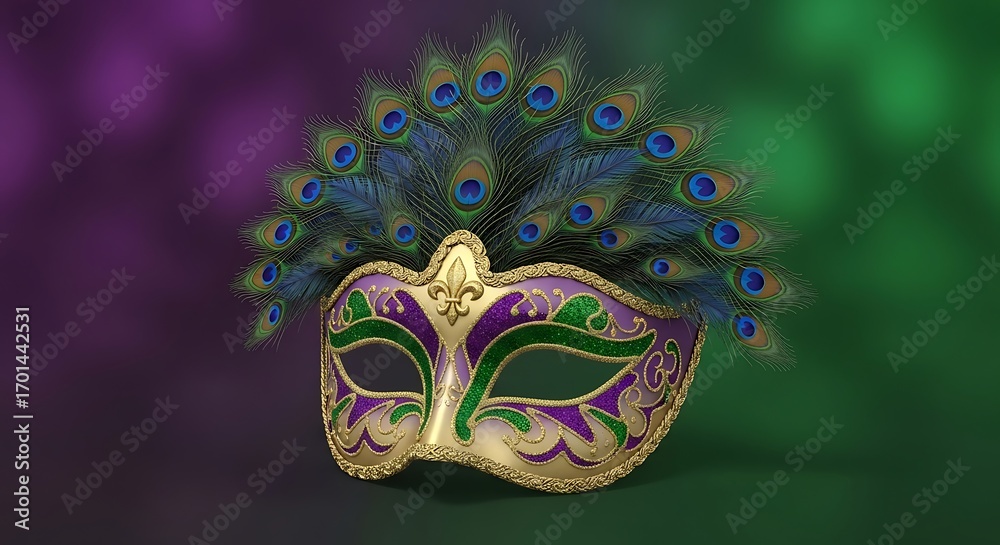 Naklejka premium Mardi Gras Mask with Peacock Feathers.