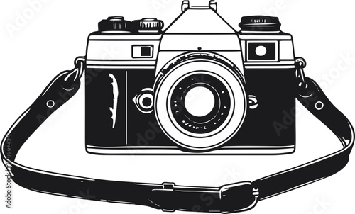 simple line art of vintage film camera with strap, black outline, white background, retro photography style 1