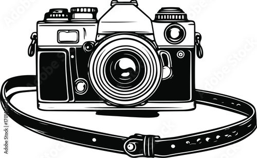 simple line art of vintage film camera with strap, black outline, white background, retro photography style 2
