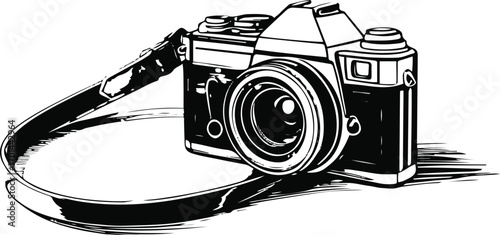 simple line art of vintage film camera with strap, black outline, white background, retro photography style.