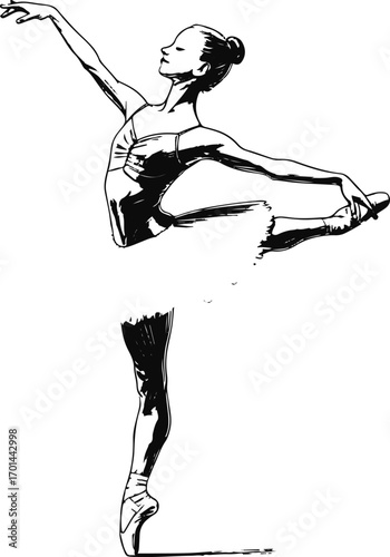 continuous line drawing of ballerina standing on tiptoe, elegant black stroke, white background 1