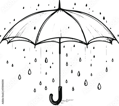continuous line drawing of umbrella with falling raindrops, black stroke, white background, minimal rainy day mood 1