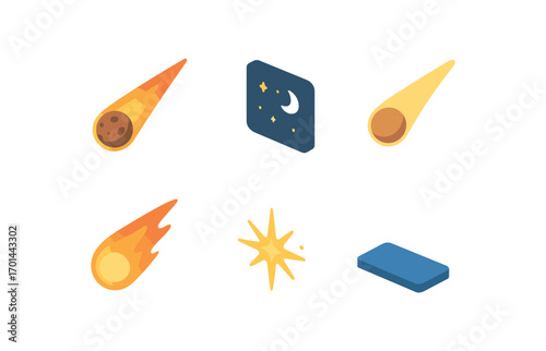 isometric icon items isolated on white background meteor streak night sky glowing tail fire trail spark burst horizon line