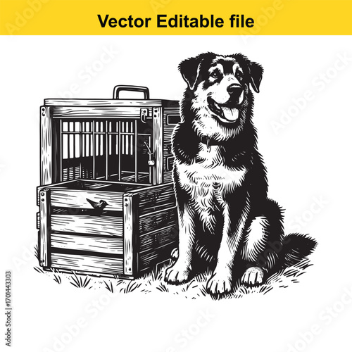 Happy dog sitting next to a wooden crate, isolated on white background