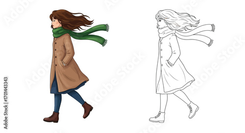 Child with Wind-Blown Hair Autumn Coloring Page Fun Fall Weather and Outdoor Activity