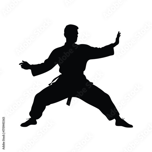 Silhouette of a martial artist in stance ready for combat training exercise, martial artist in fighting stance silhouette vector illustration