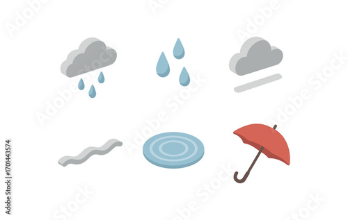 isometric icon items isolated on white background soft rain light drops grey sky mist line ripple pool umbrella