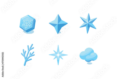 isometric icon items isolated on white background frost crystal sharp edge ice branch tip cold shine winter air