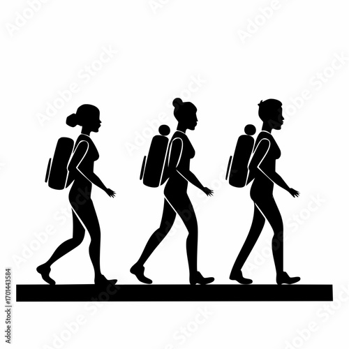 Silhouette Hikers: A group of female silhouettes trek purposefully, backpacks in tow, embodying the spirit of adventure and the joy of exploration in the heart of nature's embrace. 