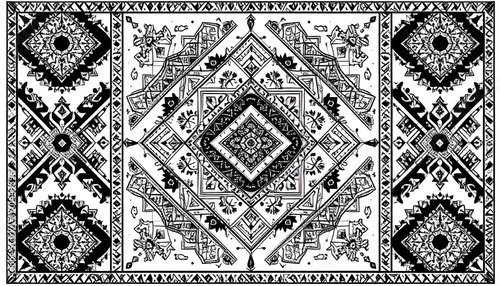 Monochrome Geometric Carpet Pattern with Intricate Diamond Design and Detailed Border Decoration in Black and