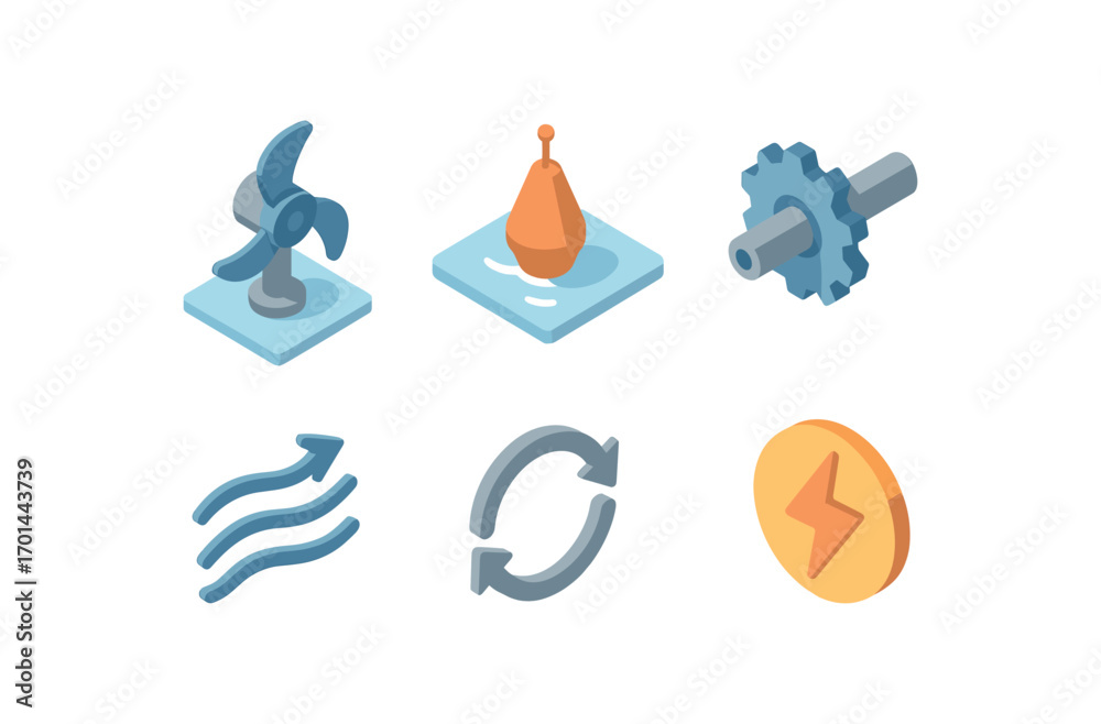 Fototapeta premium isometric icon items isolated on white background ocean spin rotor buoy mount gear shaft water current rotation line energy icon