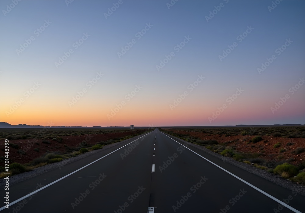 Fototapeta premium Endless Desert Road at Sunset: A Timeless Journey