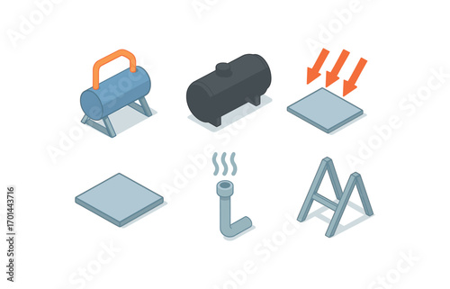 isometric icon items isolated on white background solar steam drum black tank glass cover heat rays steam pipe stand frame