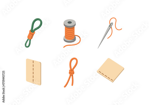 isometric icon items isolated on white background cord loop stitcher thread line sewing needle fabric seam loop knot cut edge
